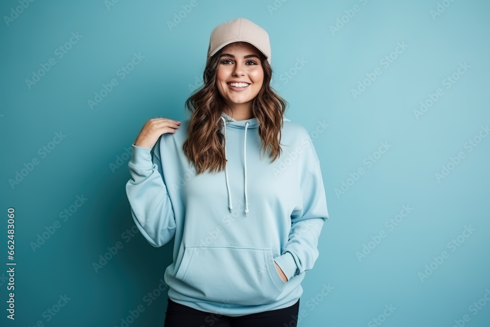 Young, happy, positive, smiling, overweight woman posing in stylish fashion, trendy. Concept of sport, body-positivity, weight loss, body and health care Young, happy, positive, smiling, overweight woman posing in stylish fashion, trendy. Concept of sport, body-positivity, weight loss, body and health care