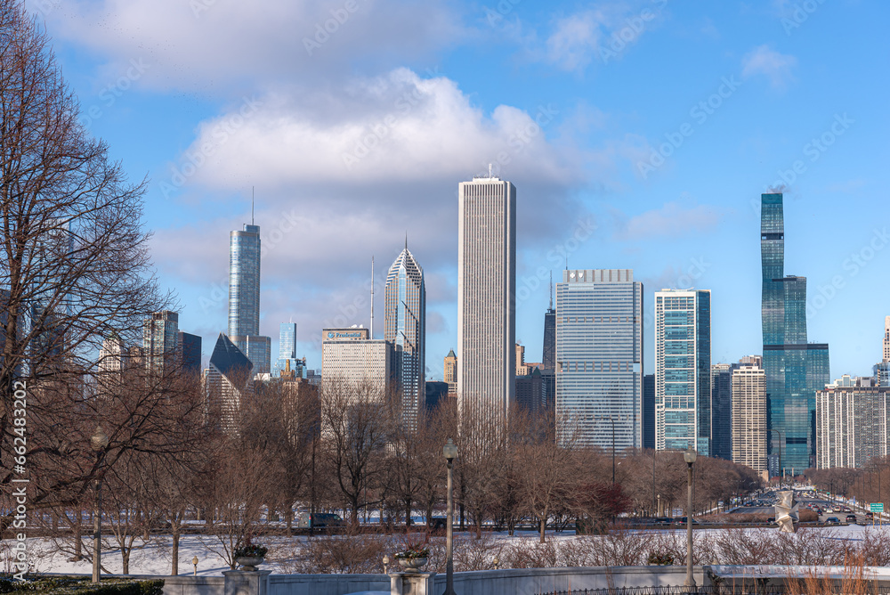 Chicago skyline viewed during the day in winter.