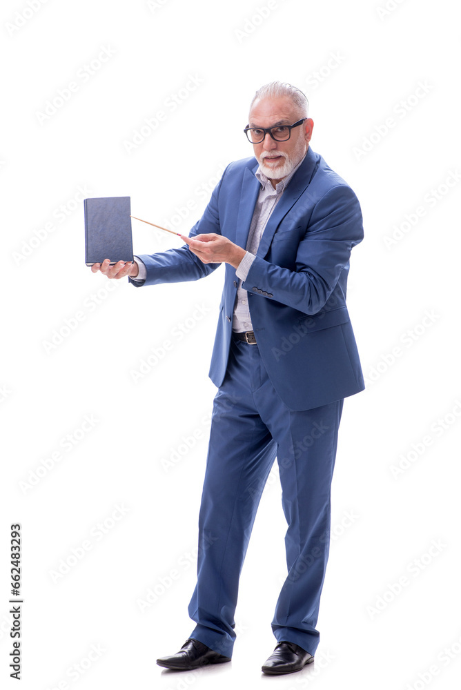 Old businessman holding book isolated on white Old businessman holding book isolated on white