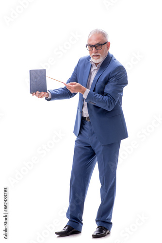 Old businessman holding book isolated on white