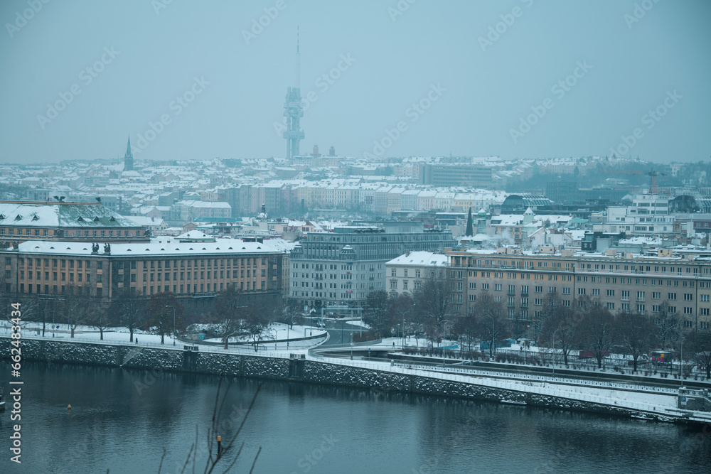 landscape in winter in Prague, Czech Republic with Vltava river