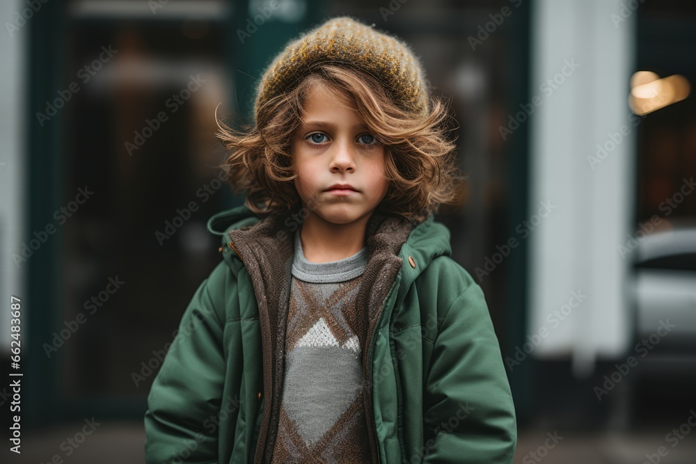 Portrait of a little boy in a hat and coat on the street
