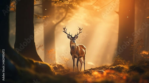 Young beautiful deer in a sunrise and misty forest. Natural woodland dawn landscape. Dark shadows and golden morning sun background summer nature beauty