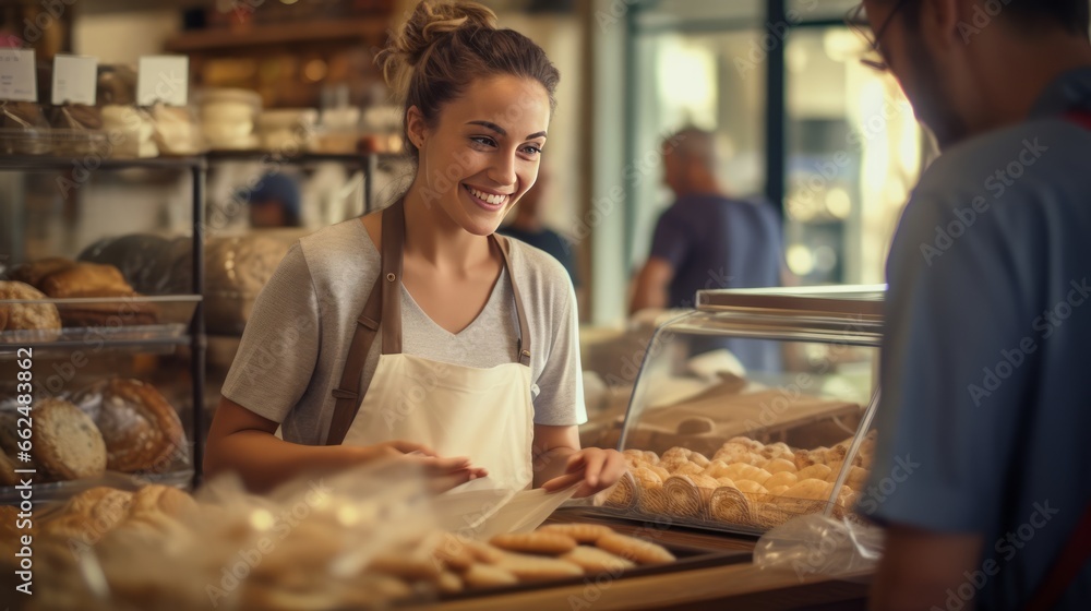 A woman at a bakery counter