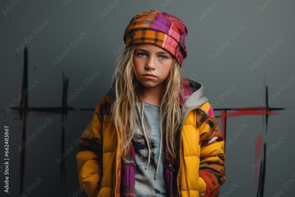 Portrait of a sad little girl in a yellow jacket and a colorful hat. Portrait of a sad little girl in a yellow jacket and a colorful hat.