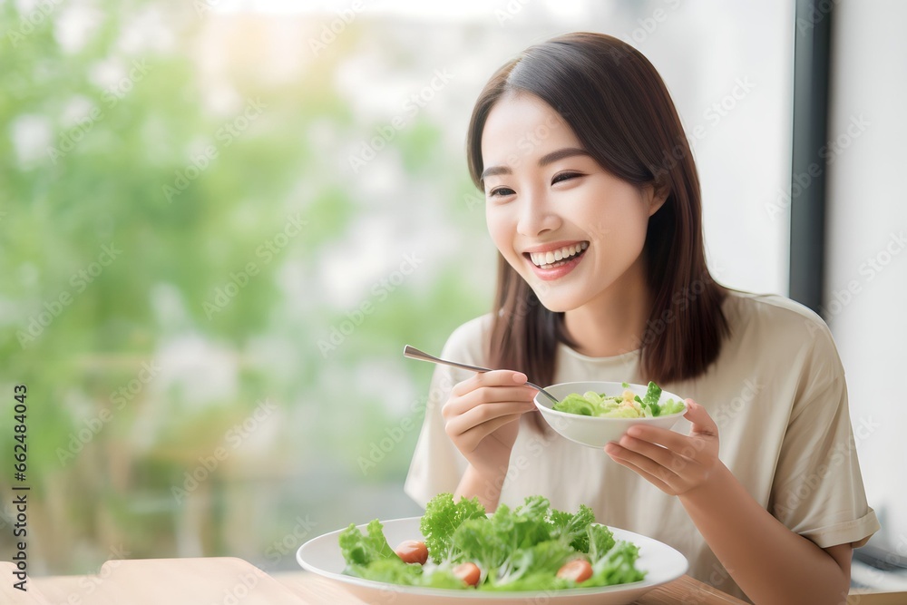 Happy Asian woman eating green salad for good health Happy Asian woman eating green salad for good health