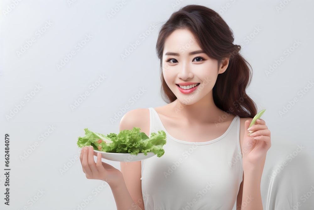 Happy Asian woman eating green salad for good health Happy Asian woman eating green salad for good health