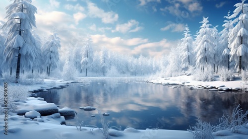 A serene winter landscape with a snow-covered forest and a small frozen pond reflecting the surrounding trees. © Nasreen