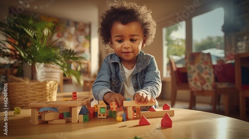 A child having fun and learning with wooden blocks on a table photo