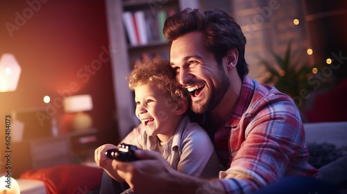 A father and son bonding while playing a video game together
