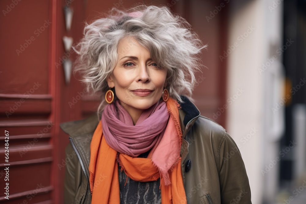 Portrait of a beautiful middle-aged woman in an orange scarf on a city street