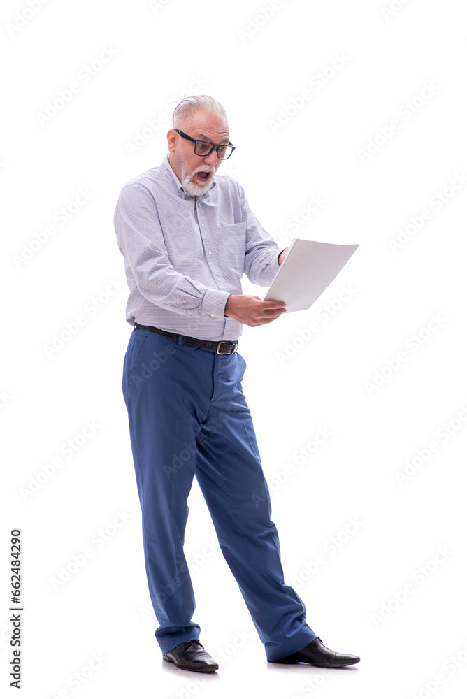 Old businessman reading paper isolated on white Old businessman reading paper isolated on white