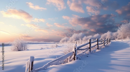 A snow-covered fence winding through a winter field, with a backdrop of snow-covered trees and a peaceful winter sky.
