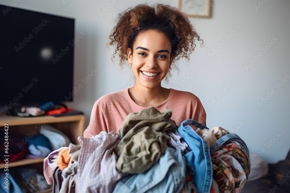 Young African woman happy carrying messy dirty clothes in basket at home
