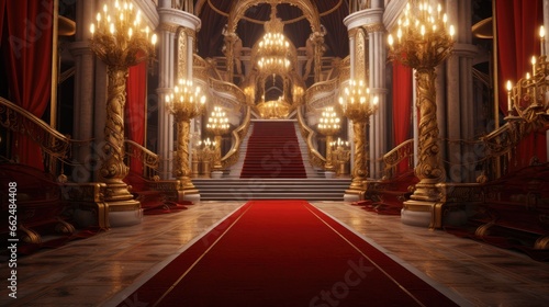 red carpet in palace or castle interior with golden stairs and chair  photo