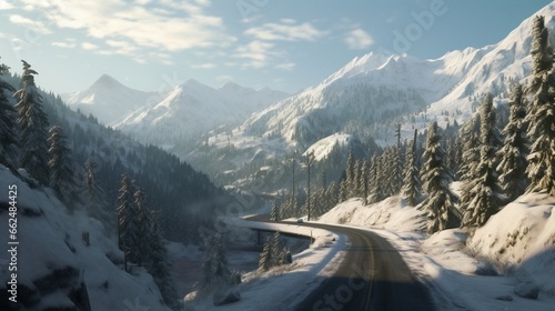 A snow-covered mountain pass, with evergreen trees on either side and a winding road disappearing into the winter landscape.