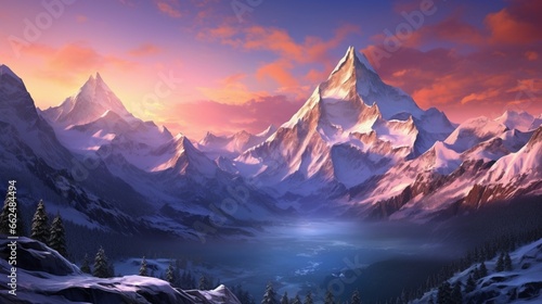 A snow-covered mountain range at sunset, with the peaks bathed in warm hues of pink and orange, creating a breathtaking scene.