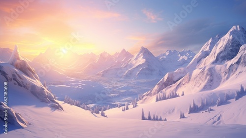A snowy mountain pass at sunrise, with the soft morning light casting a warm glow on the snow-covered landscape.