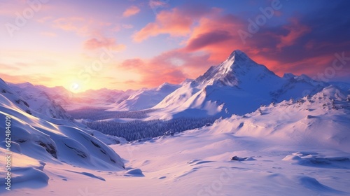 A snowy mountain pass at sunrise, with the soft morning light casting a warm glow on the snow-covered landscape.