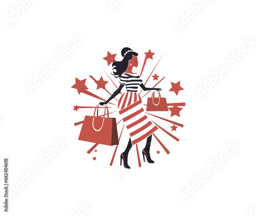 Fashion woman shopping and holding bags and purshases illustration vector logo