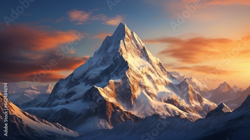 A snowy mountain peak bathed in the soft glow of the setting sun, with a vast, pristine landscape stretching below.