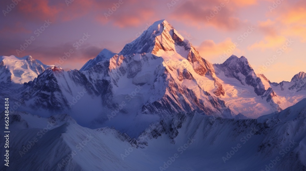 A snowy mountain range at dusk, with the last light of the day casting a warm glow on the snow-covered peaks.