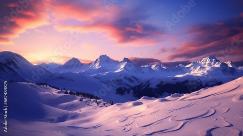 A snowy mountain range at dusk, with the last light of the day casting a warm glow on the snow-covered peaks.