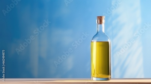 glass bottle with edible oil on a clean background. copy space. oil for cooking. healthy oil.
