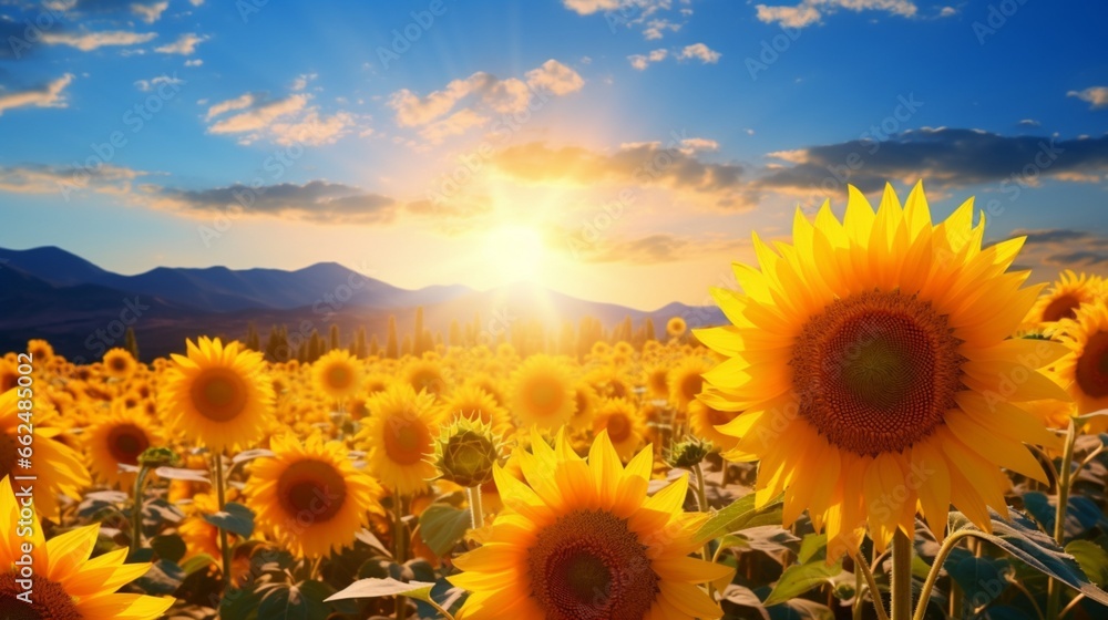 A sunflower field at the peak of summer, with the flowers standing tall under a clear blue sky and the sun casting a warm glow.