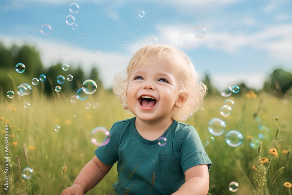 blonde child playing with soap bubbles in outdoor blonde child playing with soap bubbles in outdoor