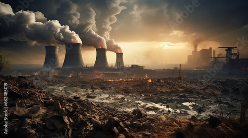 Cooling towers of a power plant in a devastated landscape, ai generated