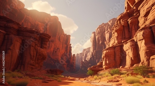 A sunlit canyon with towering red rock formations, casting long shadows on the canyon floor and creating a striking landscape.
