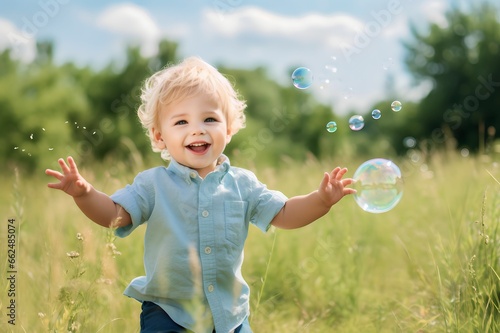 blonde child playing with soap bubbles in outdoor