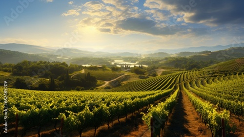 A sunlit vineyard in late summer  with rows of grapevines extending towards the horizon  surrounded by rolling hills.