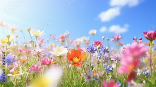 A sunny spring morning, showcasing a field of blooming wildflowers in various hues, with a clear blue sky above.