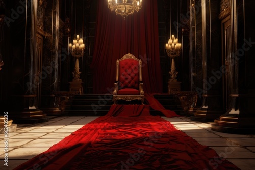 red carpet on castle or palace interior with golden chair bench of king 