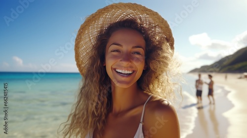 A woman with a straw hat enjoying a sunny day at the beach