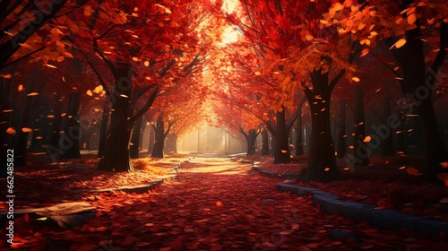 A vibrant autumn scene with colorful leaves covering the ground beneath a canopy of red and gold trees.