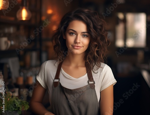 Portrait of young beautiful woman barista in apron at cafe.
