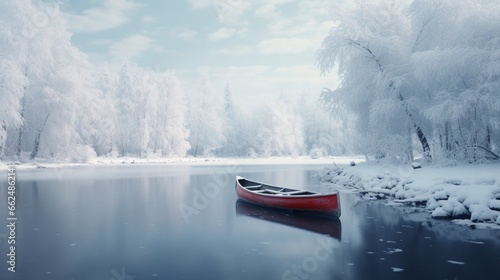 A winter scene with a frozen pond, snow-covered trees, and a red sled waiting for its next adventure in the cold.