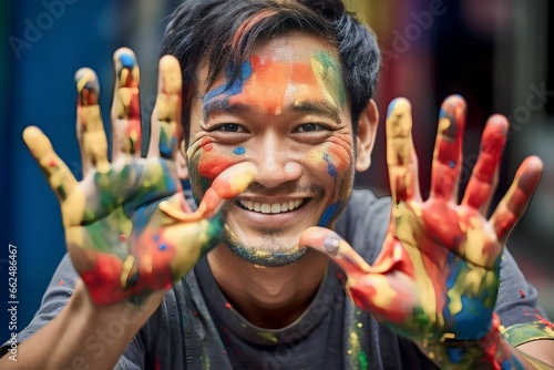 asian man shows his hands full of colored paint