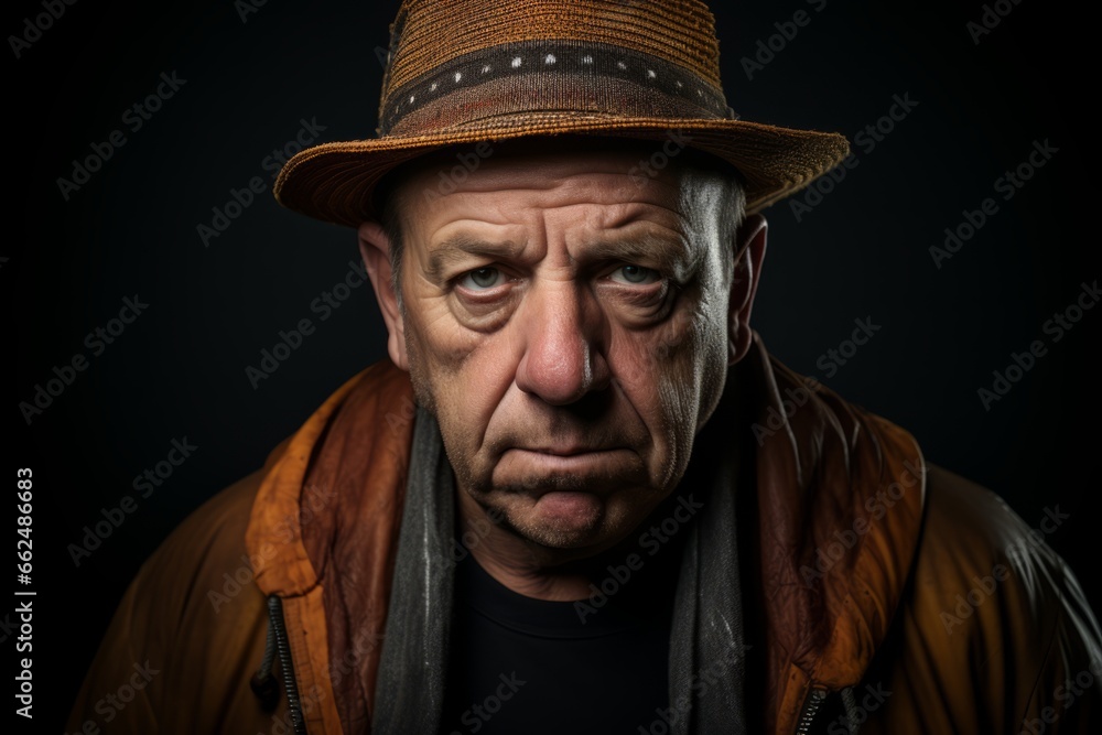 Portrait of an old man in a hat and jacket on a dark background