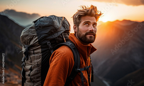 Portrait of a young Caucasian adventurous man hiker during a sunset in the mountains