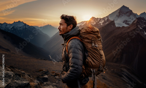 Young Asian male hiker on top of the mountain during a sunset