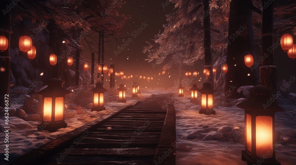Candlelit path in the snow, with soft glow from lanterns casting a warm and inviting ambiance on a winter night.