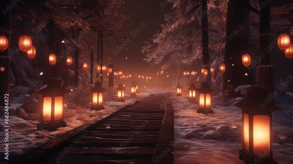 Candlelit path in the snow, with soft glow from lanterns casting a warm and inviting ambiance on a winter night. Candlelit path in the snow, with soft glow from lanterns casting a warm and inviting ambiance on a winter night.