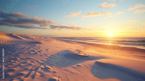 Beach at sunset  with the golden sun casting long shadows on the snow-covered sands.