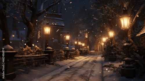 Candlelit path in the snow, with soft glow from lanterns casting a warm and inviting ambiance on a winter night.