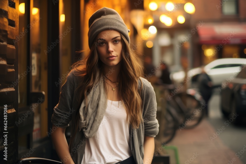 Beautiful young woman walking on a city street in the evening. Beautiful young woman walking on a city street in the evening.
