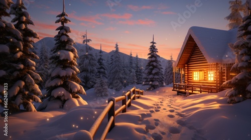 Candlelit pathway leading to a cozy winter cabin, where the warm light creates a welcoming glow amid the snow-covered surroundings. © Nasreen